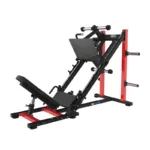 Red and black leg press hack squat machine with padded seat and adjustable frame.