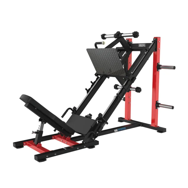 Red and black leg press hack squat machine with padded seat and adjustable frame.