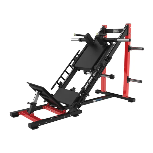 Red and black leg press hack squat machine with adjustable backrest and footplate.