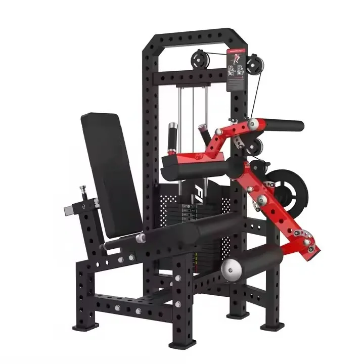Leg extension and curl machine with adjustable bench for strength training.