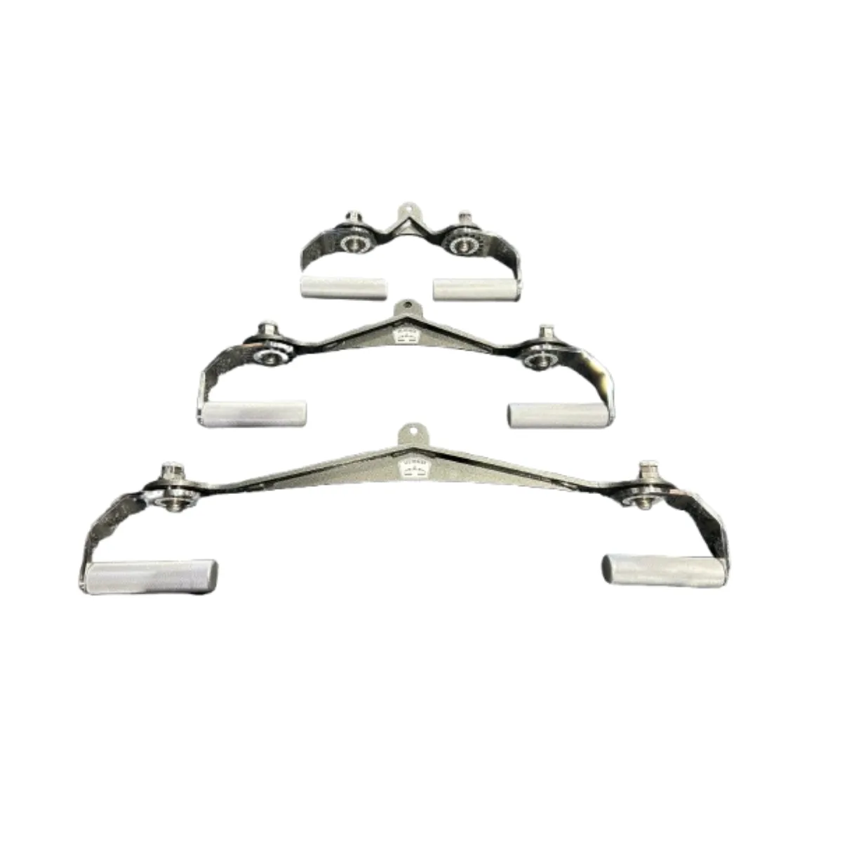 Set of three chrome lat pulldown bar attachments with ergonomic rubber grips.
