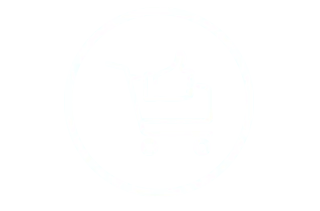 Shopping cart icon with thumbs up symbol inside circle outline.