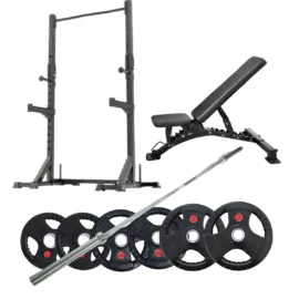 Squat Rack with 80KG Barbell Set and Adjustable Bench - Image 1