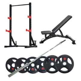 Squat Rack with 80KG Barbell Set and Adjustable Bench - Image 1