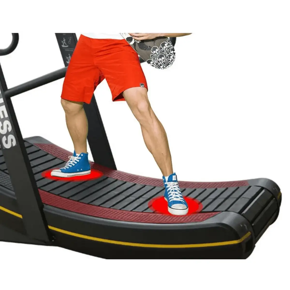 A person standing on the curved treadmill