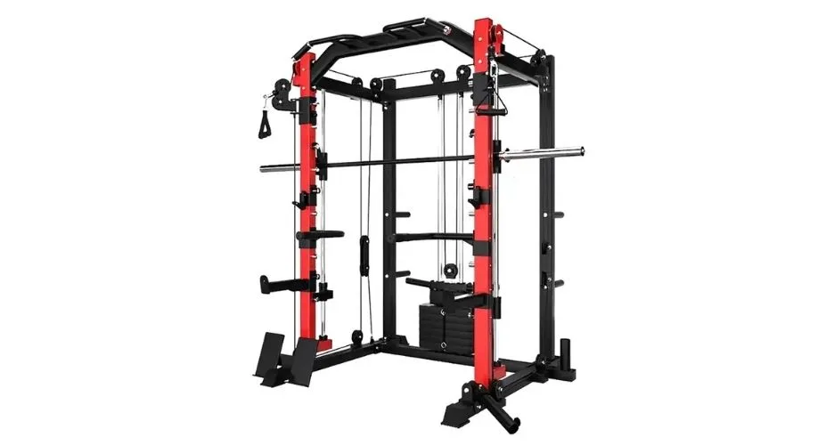 Red and black Smith machine with 45kg weight stacks