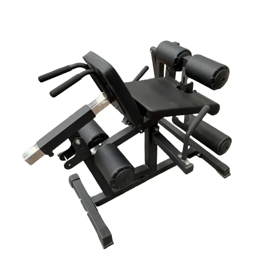 a black seated leg extension curl machine