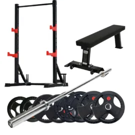 Squat Rack & Heavy duty Flat Bench & 65KG weight Plates & 500lb Barbell